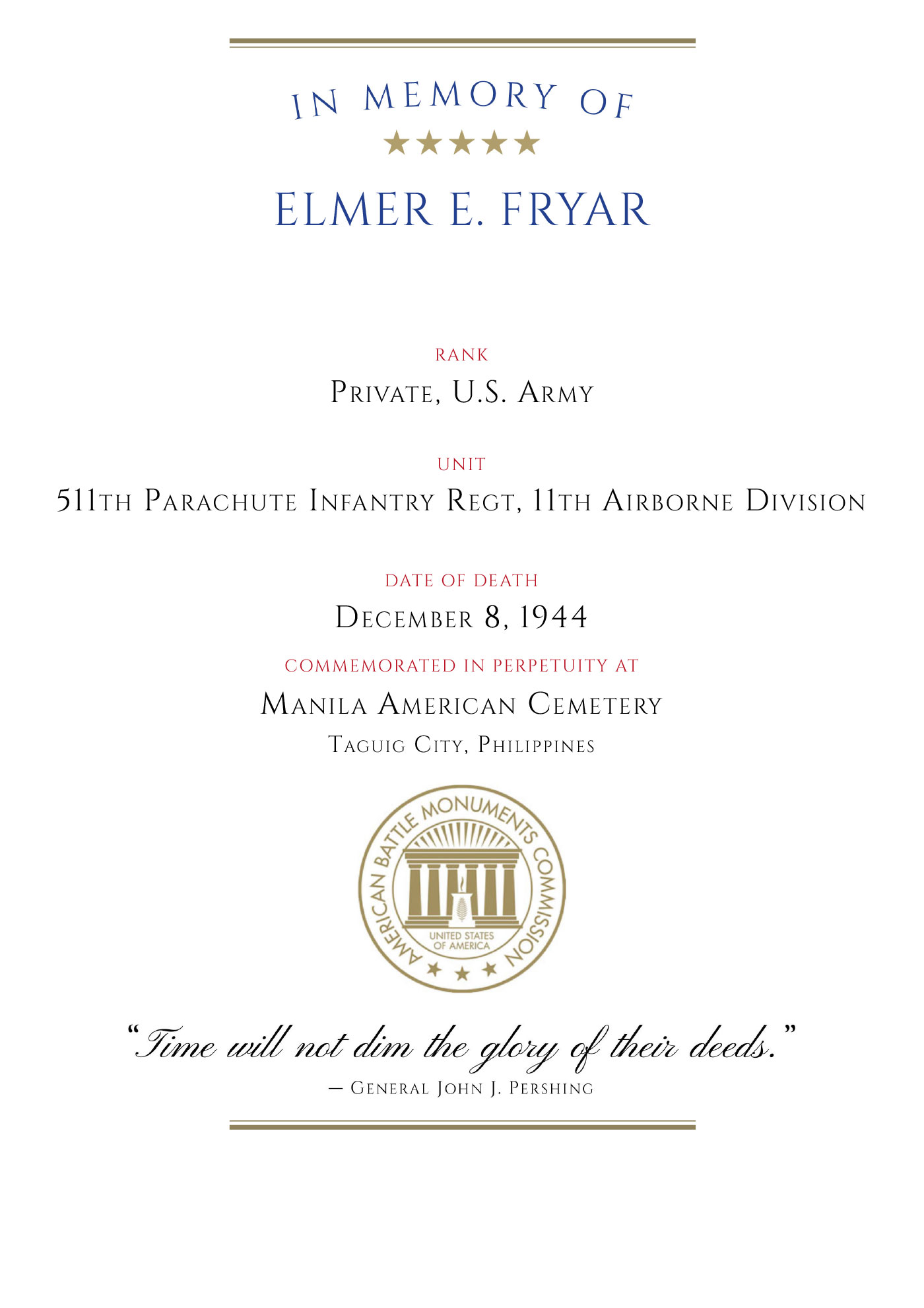 Elmer Fryar 511th PIR Manila American Cemetery