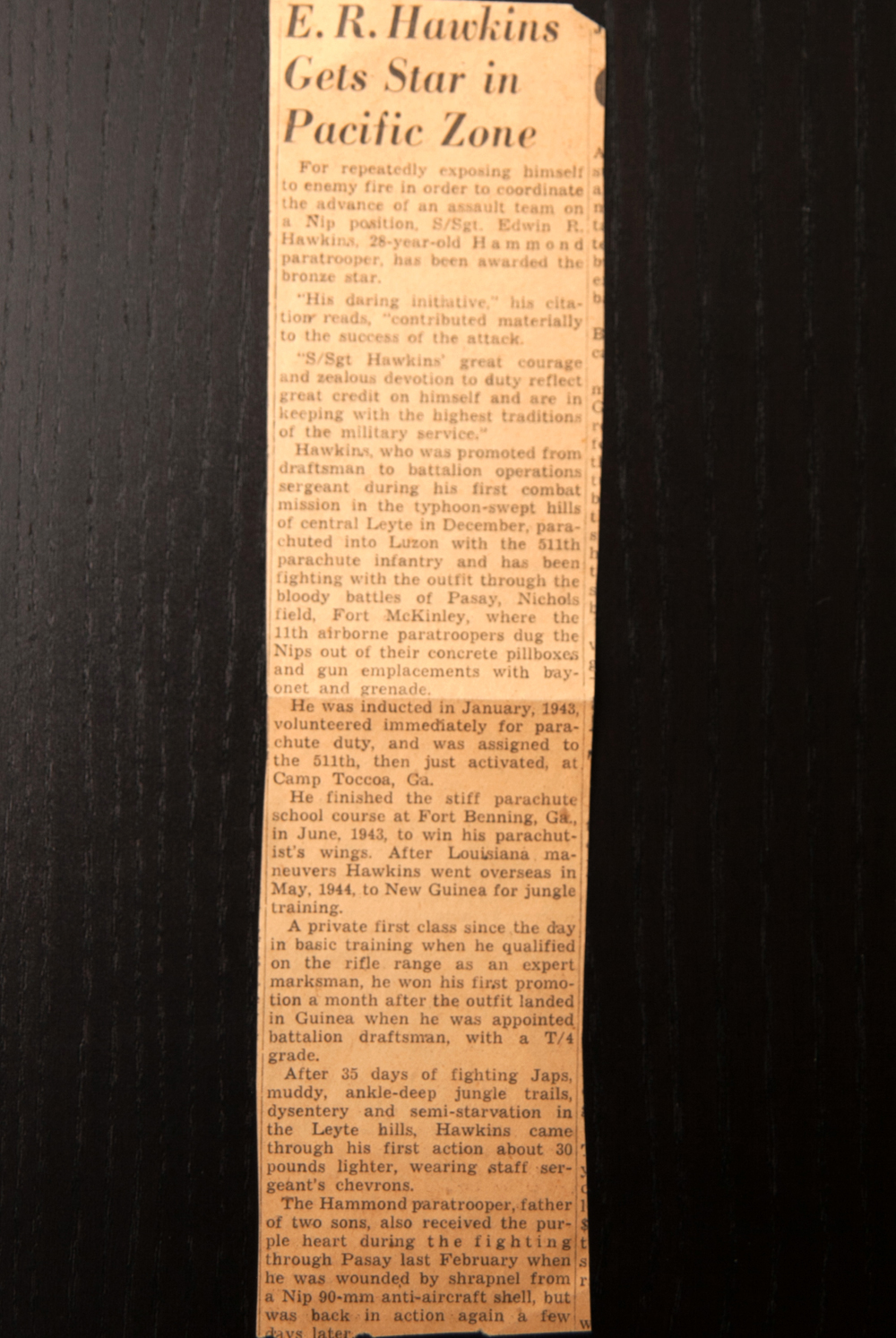 Bronze Star commendation newspaper article WWII Edwin Hawkins 511th parachute infantry